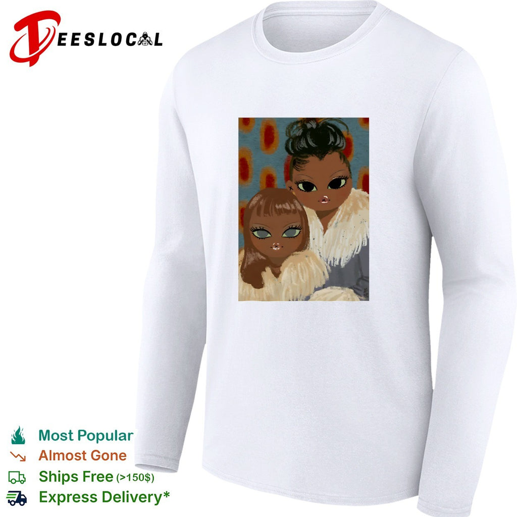 Two women portrait fur coats stylized illustration shirt