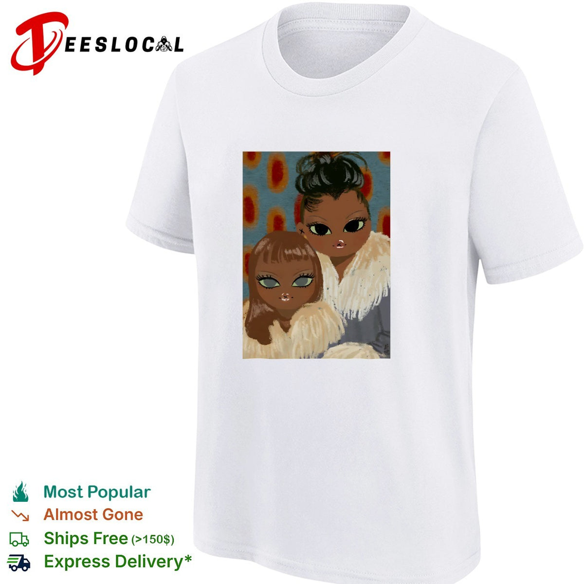 Two women portrait fur coats stylized illustration shirt