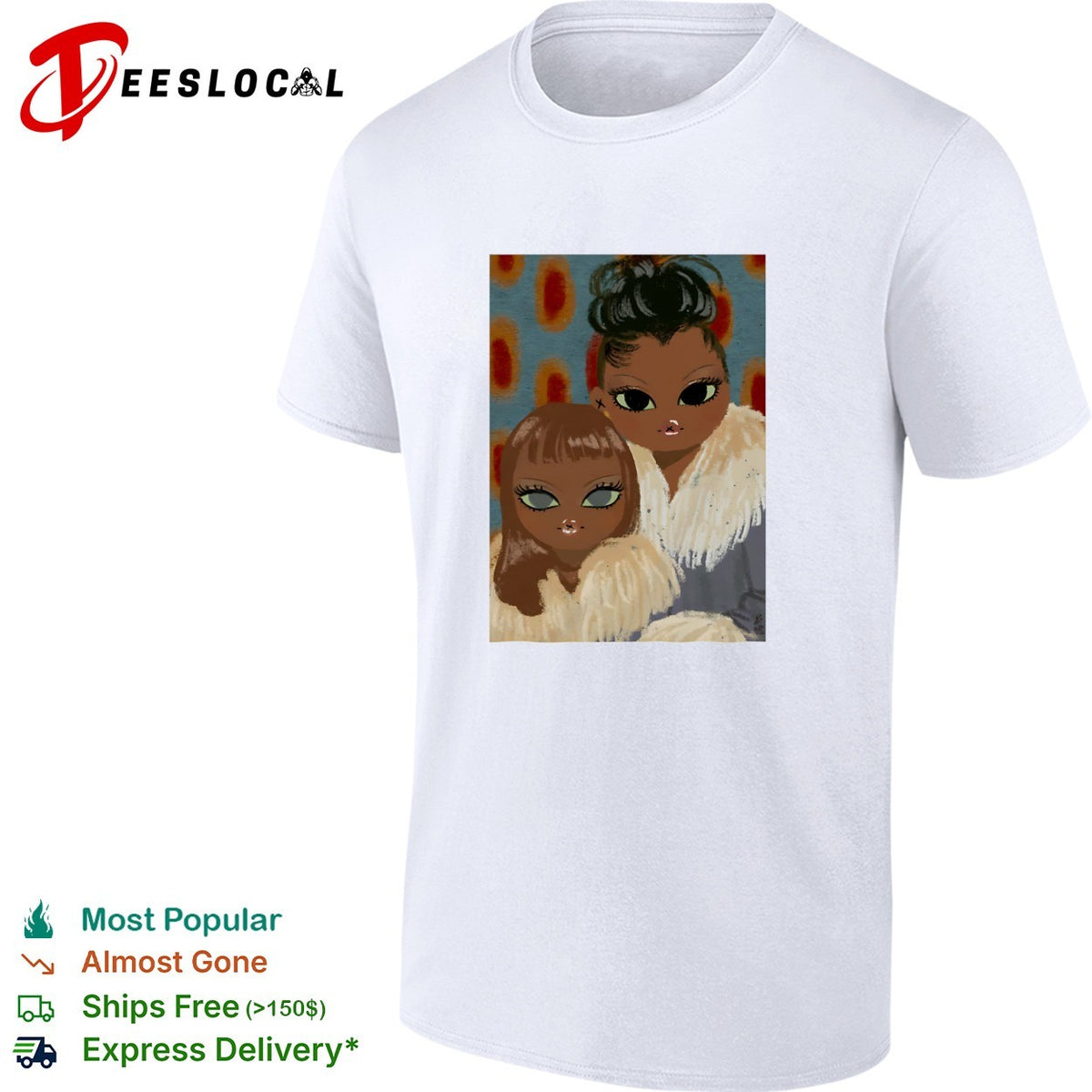 Two women portrait fur coats stylized illustration shirt