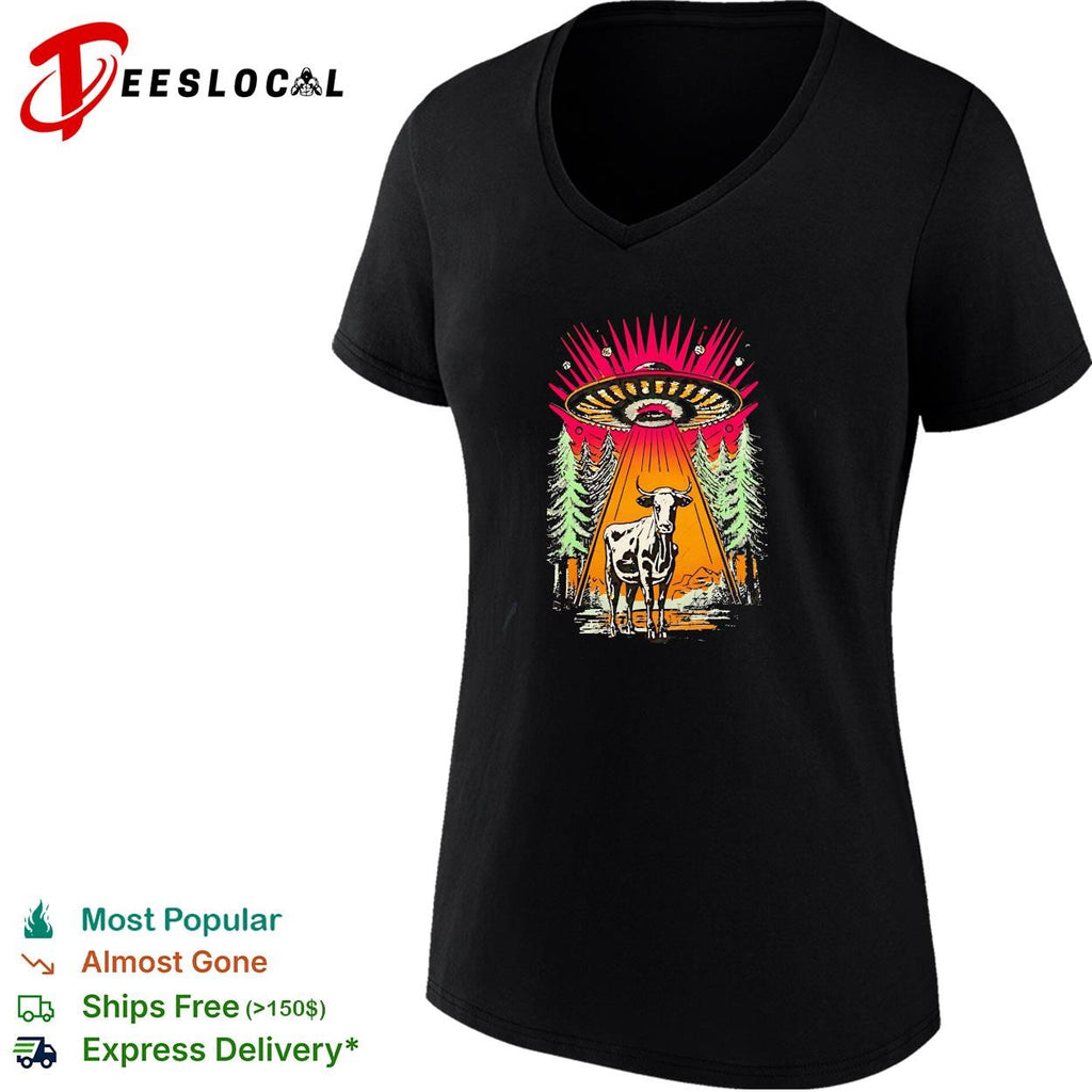 UFO alien cow abduction forest night retro graphic shirt