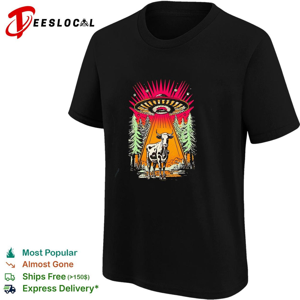 UFO alien cow abduction forest night retro graphic shirt
