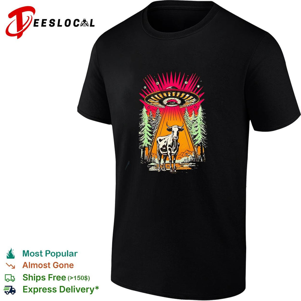 UFO alien cow abduction forest night retro graphic shirt