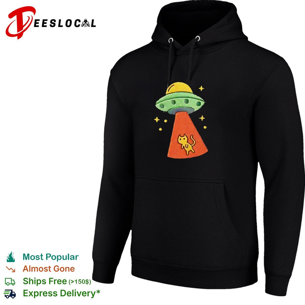 UFO alien spaceship abducting cat embroidered space humor shirt