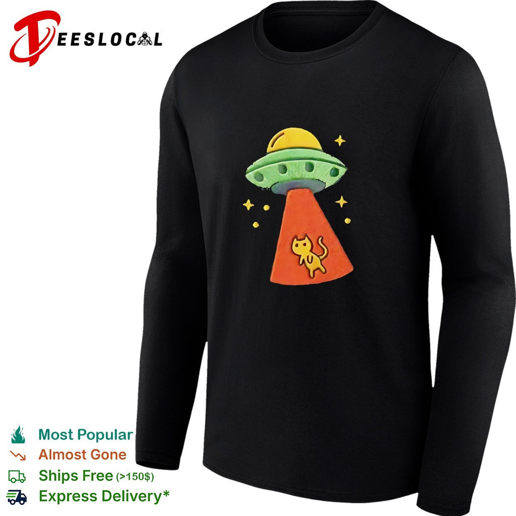 UFO alien spaceship abducting cat embroidered space humor shirt