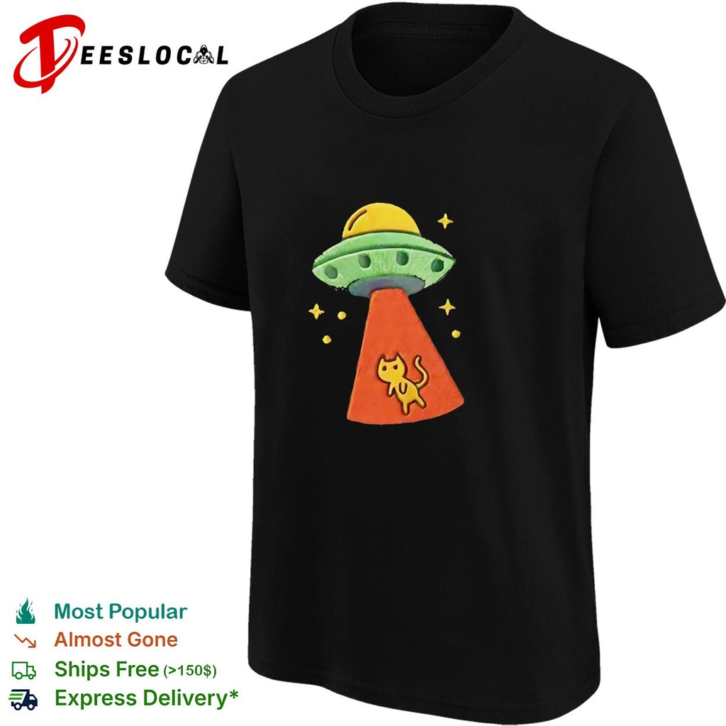 UFO alien spaceship abducting cat embroidered space humor shirt
