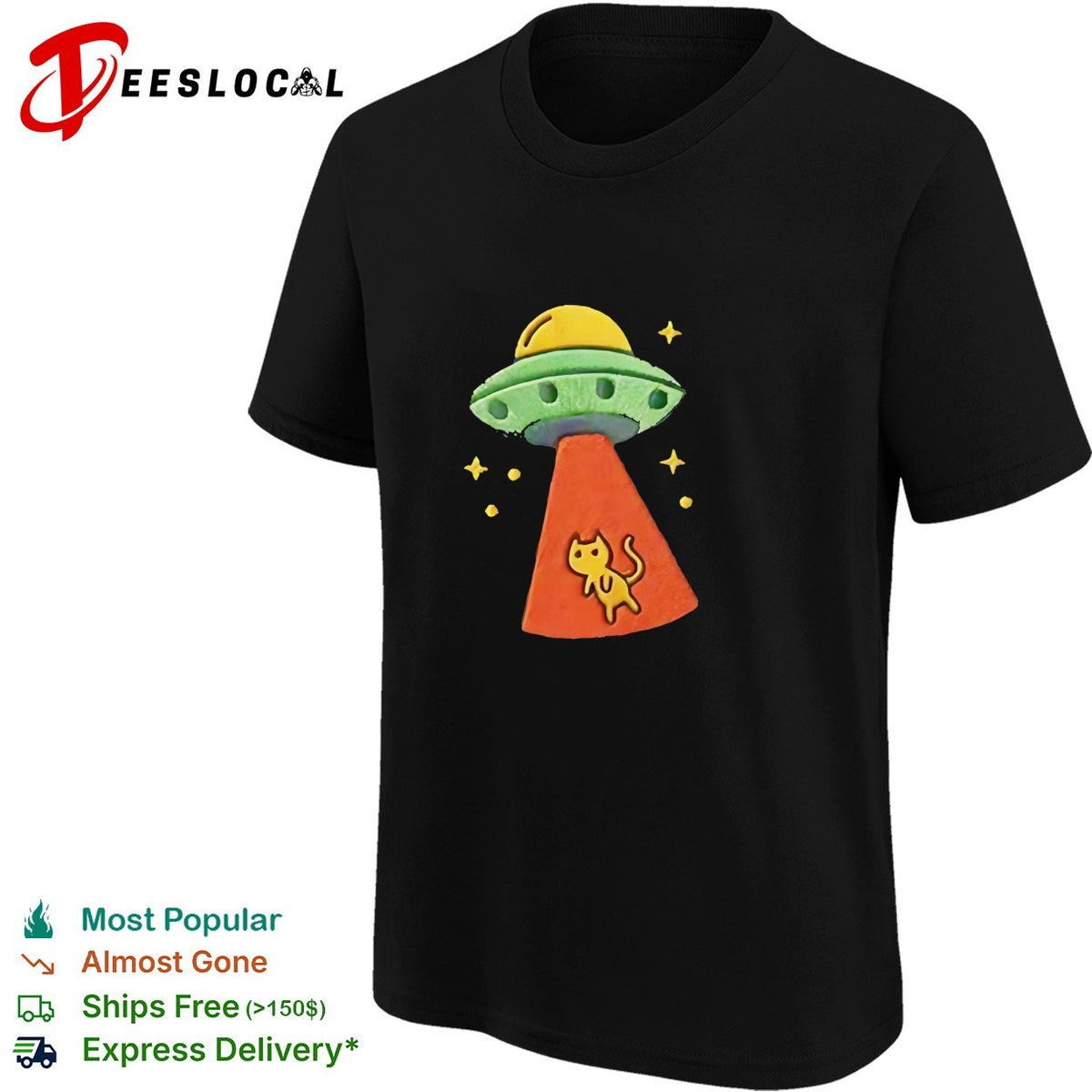 UFO alien spaceship abducting cat embroidered space humor shirt