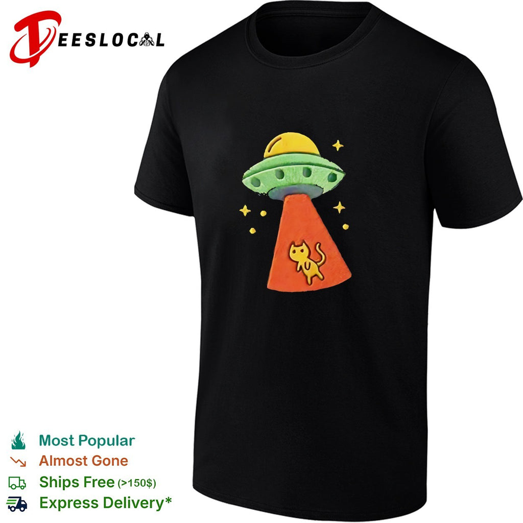 UFO alien spaceship abducting cat embroidered space humor shirt