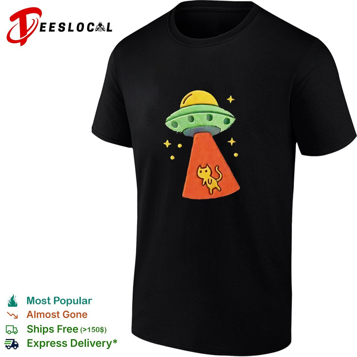 UFO alien spaceship abducting cat embroidered space humor shirt