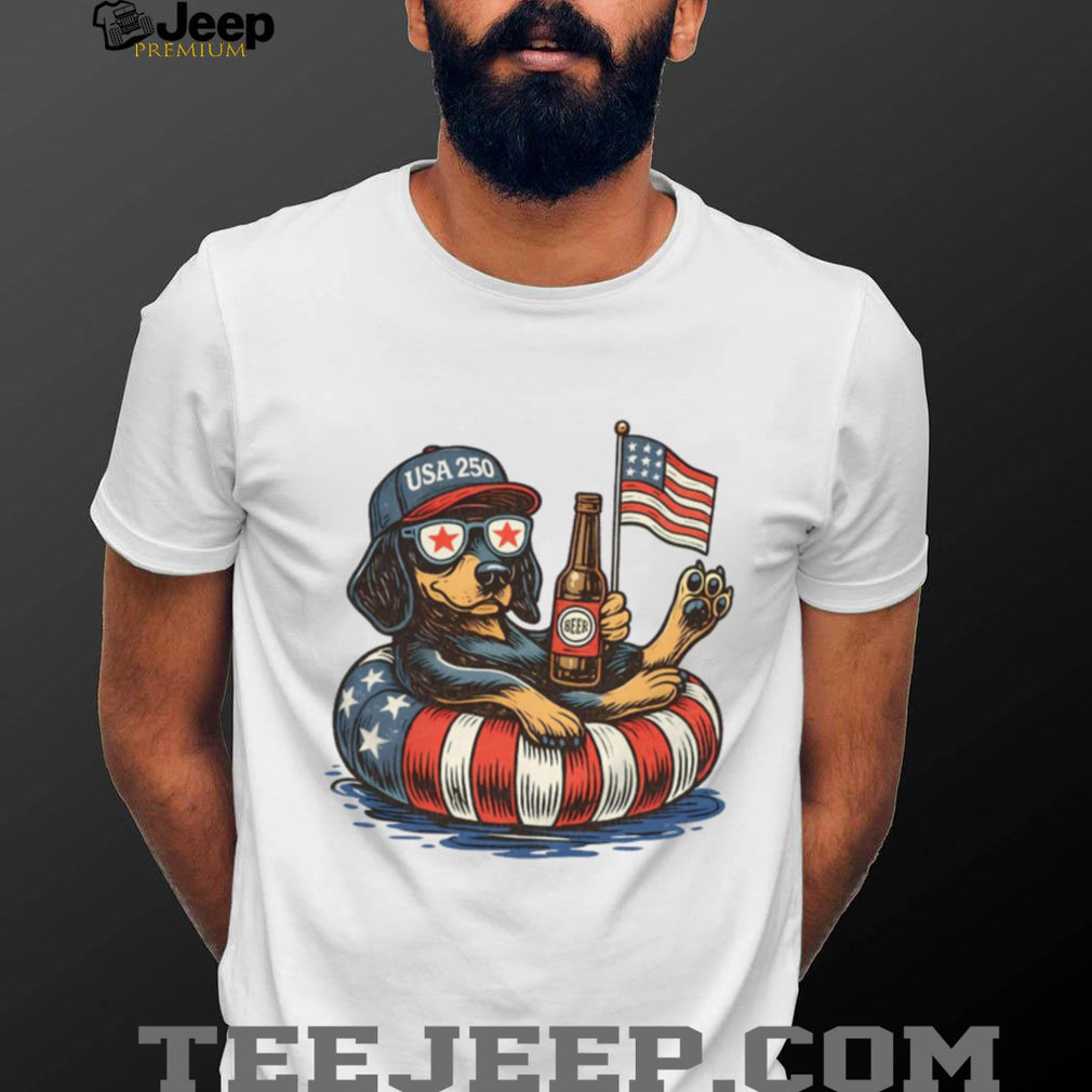 USA 250 Patriotic Dog Floating with Beer American Flag Sunglasses T Shirt