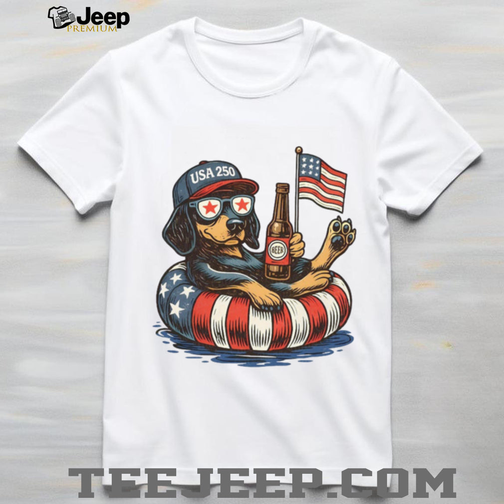USA 250 Patriotic Dog Floating with Beer American Flag Sunglasses T Shirt