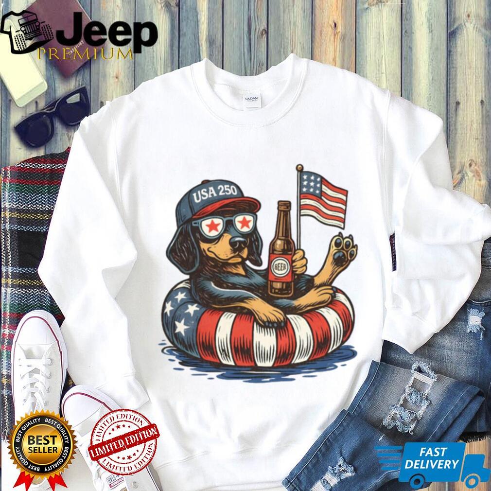 USA 250 Patriotic Dog Floating with Beer American Flag Sunglasses T Shirt