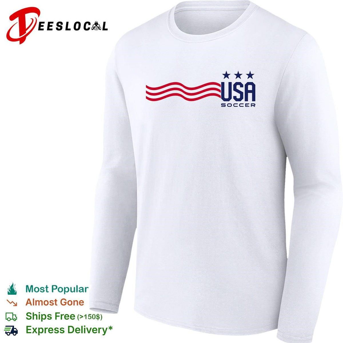 USA Soccer wavy stripes flag three stars minimal white shirt