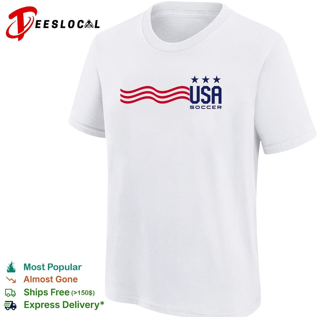 USA Soccer wavy stripes flag three stars minimal white shirt