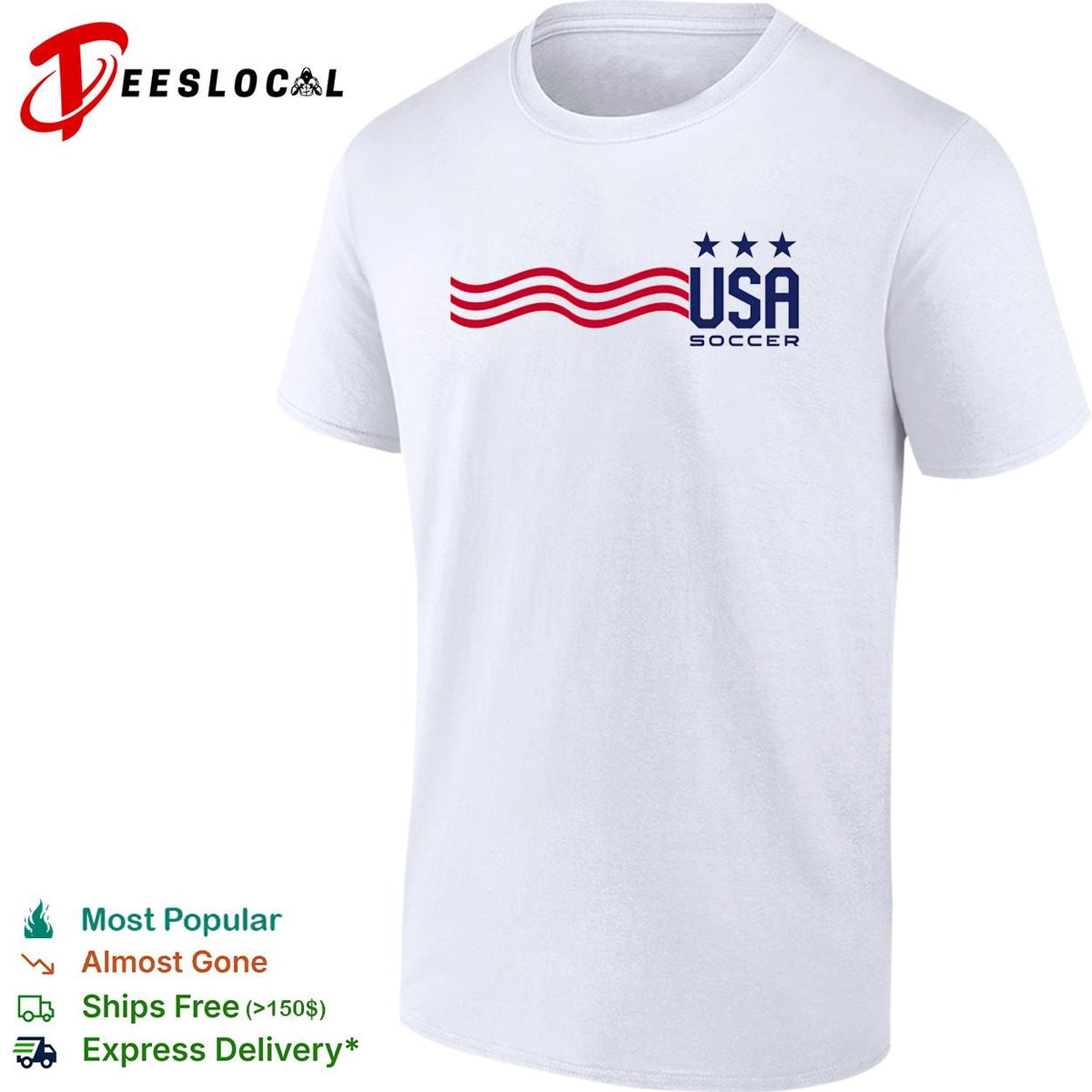 USA Soccer wavy stripes flag three stars minimal white shirt