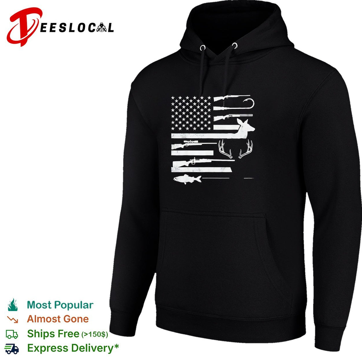 USA flag hunting fishing rifle fish hook deer antlers silhouette patriotic shirt