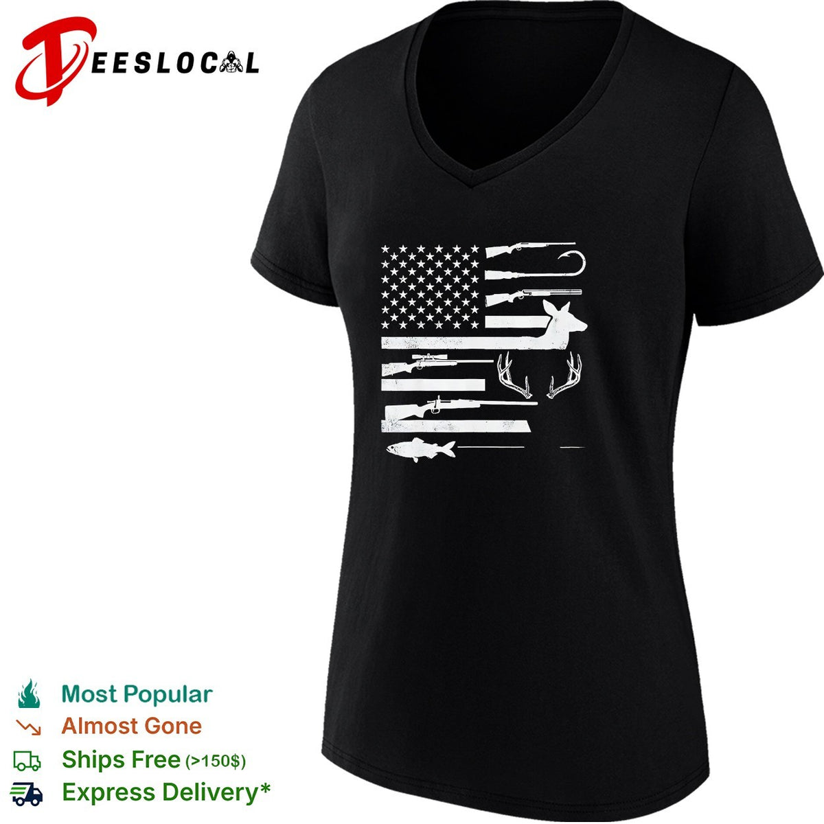 USA flag hunting fishing rifle fish hook deer antlers silhouette patriotic shirt
