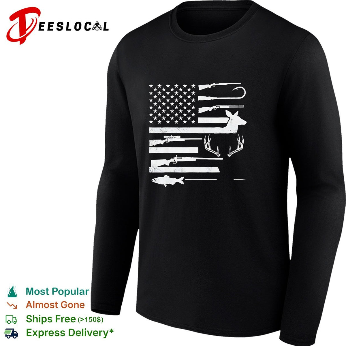 USA flag hunting fishing rifle fish hook deer antlers silhouette patriotic shirt