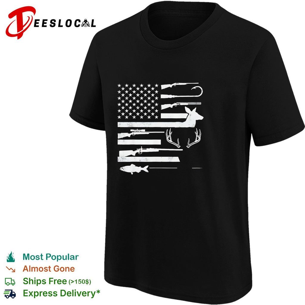 USA flag hunting fishing rifle fish hook deer antlers silhouette patriotic shirt