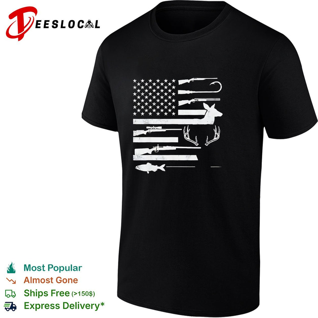 USA flag hunting fishing rifle fish hook deer antlers silhouette patriotic shirt