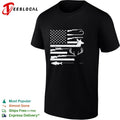 USA flag hunting fishing rifle fish hook deer antlers silhouette patriotic shirt