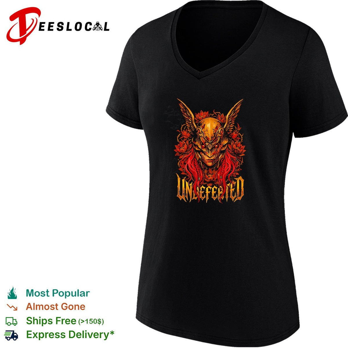 Undefeated demon skull with wings and red roses dark fantasy illustration graphic shirt
