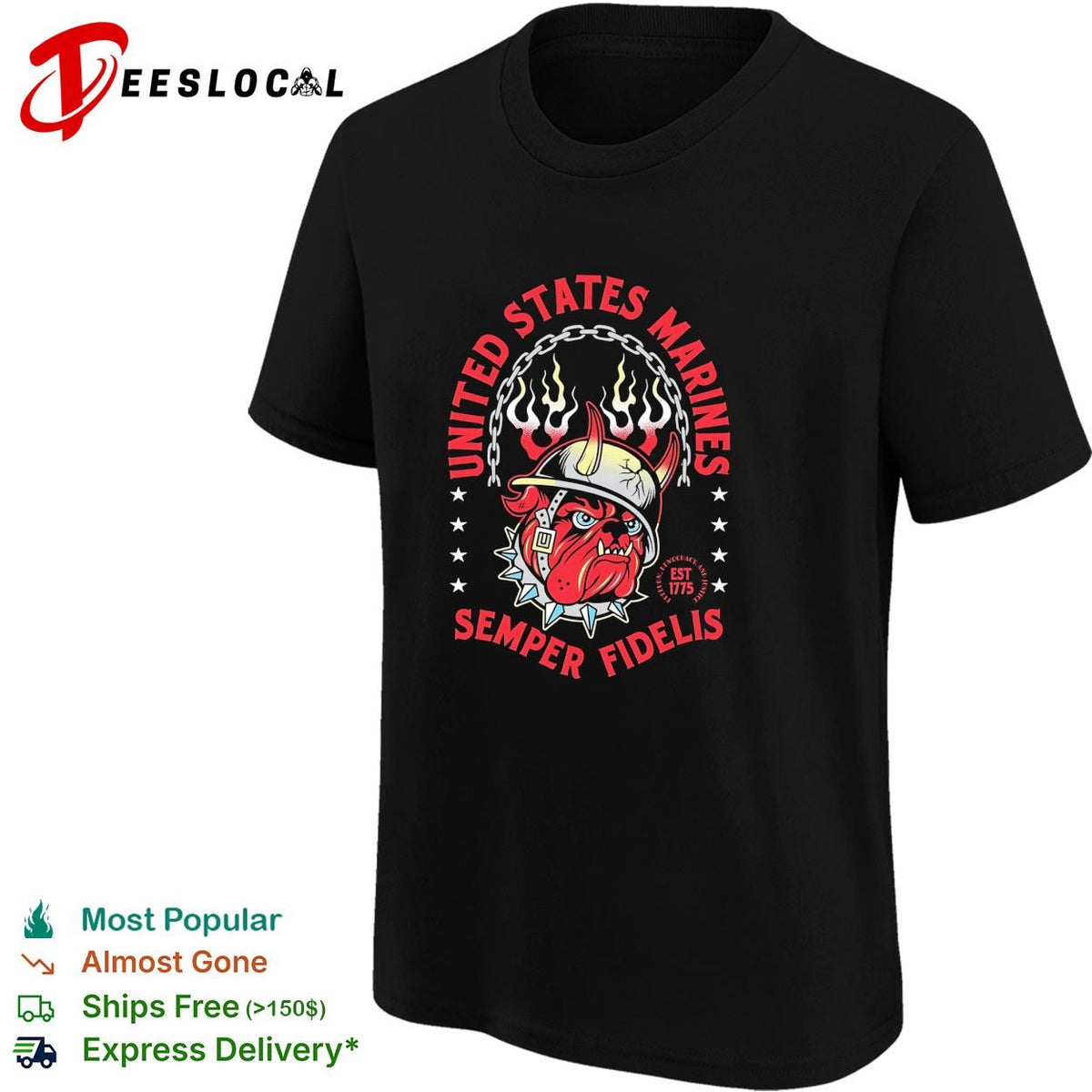 United States Marines Semper Fidelis bulldog flaming helmet est 1775 shirt