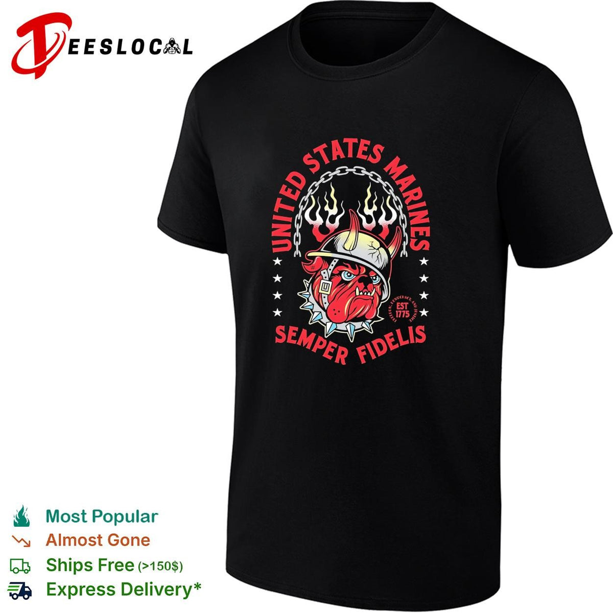 United States Marines Semper Fidelis bulldog flaming helmet est 1775 shirt