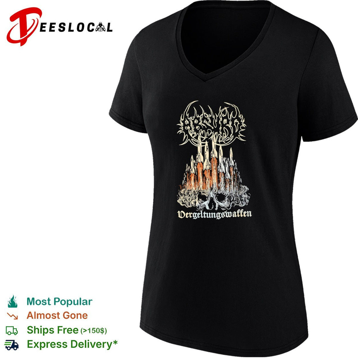 Vergeltungswaffen V2 Rocket Skull Metal Band Logo Black Heavy Metal Concert shirt