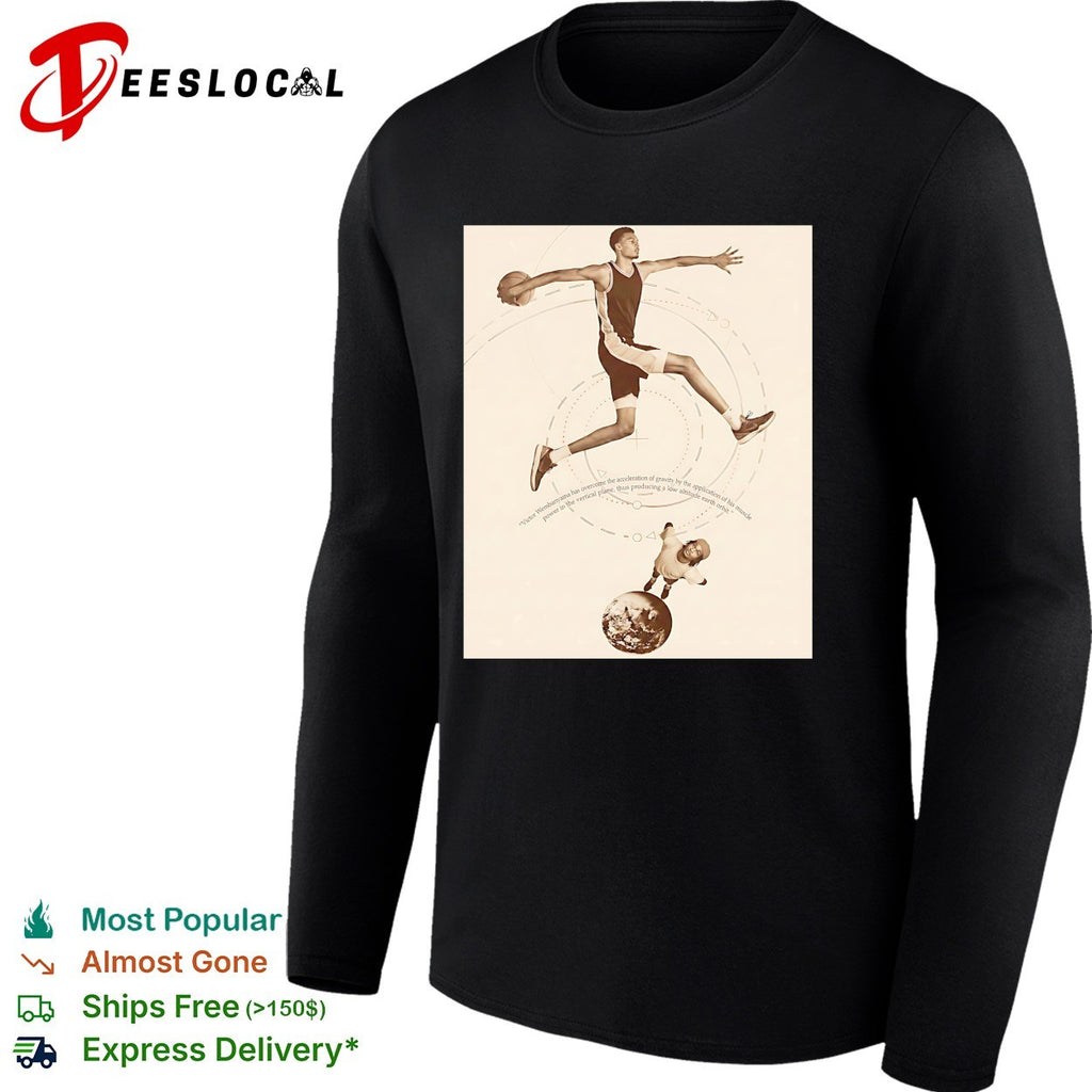 Victor Wembanyama leaping over globe gravity science diagram sepia art shirt