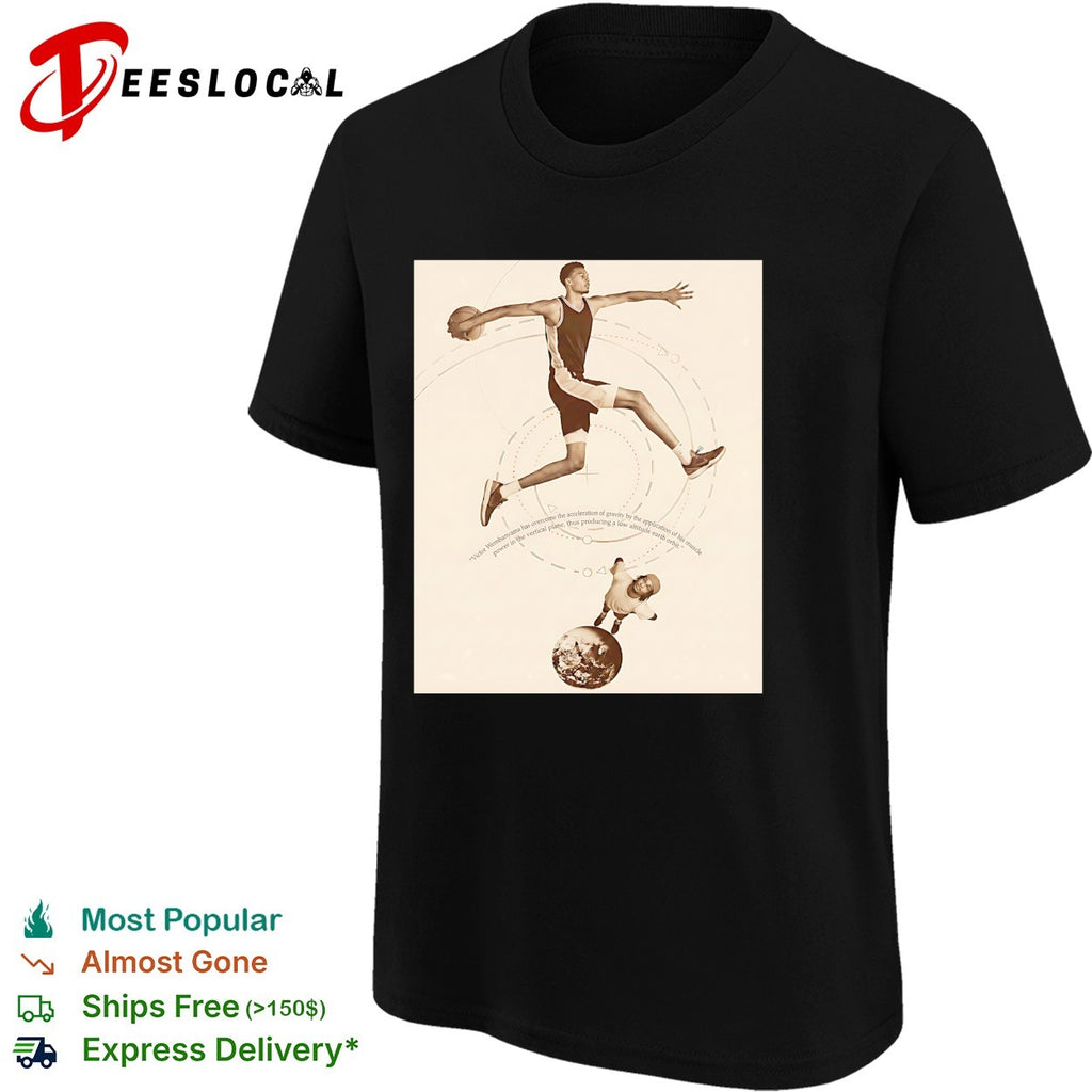 Victor Wembanyama leaping over globe gravity science diagram sepia art shirt