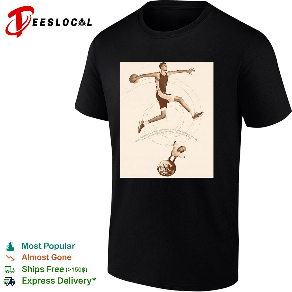 Victor Wembanyama leaping over globe gravity science diagram sepia art shirt
