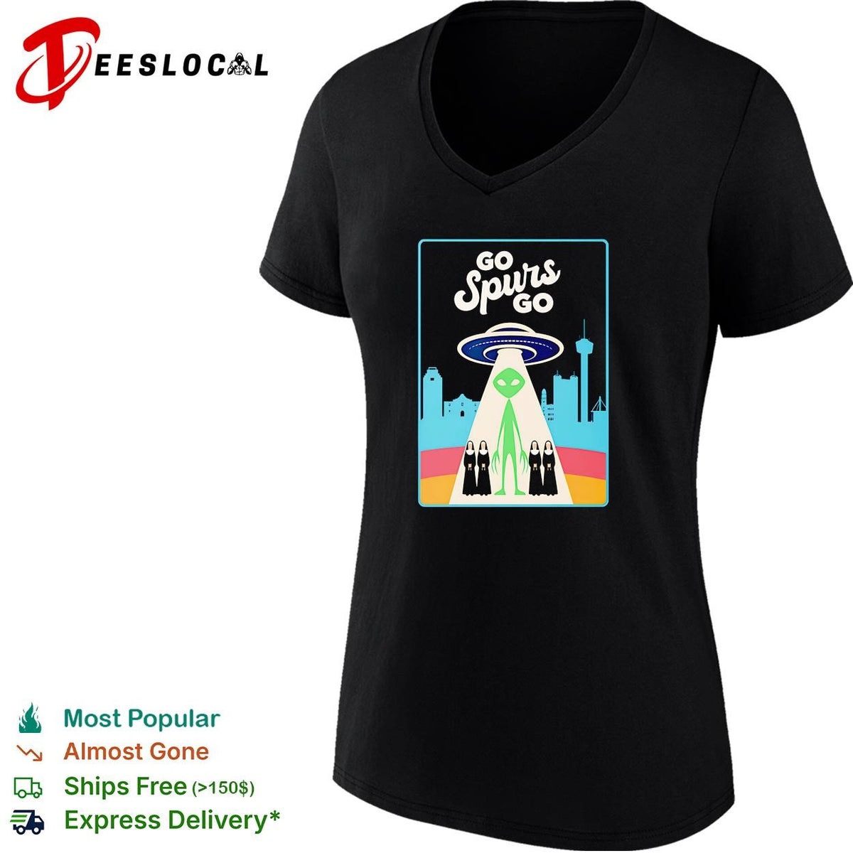 Victor Wemby Go Spurs Go alien UFO abduction San Antonio skyline retro poster shirt