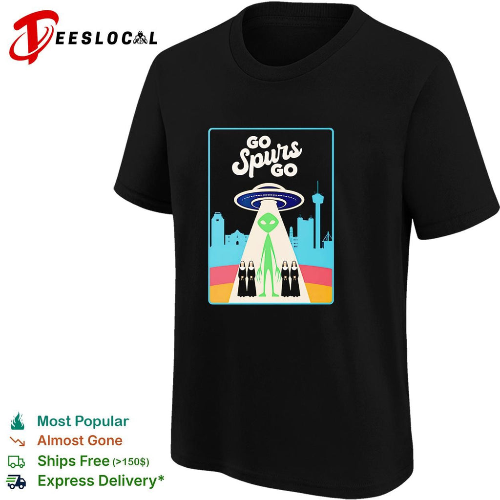 Victor Wemby Go Spurs Go alien UFO abduction San Antonio skyline retro poster shirt