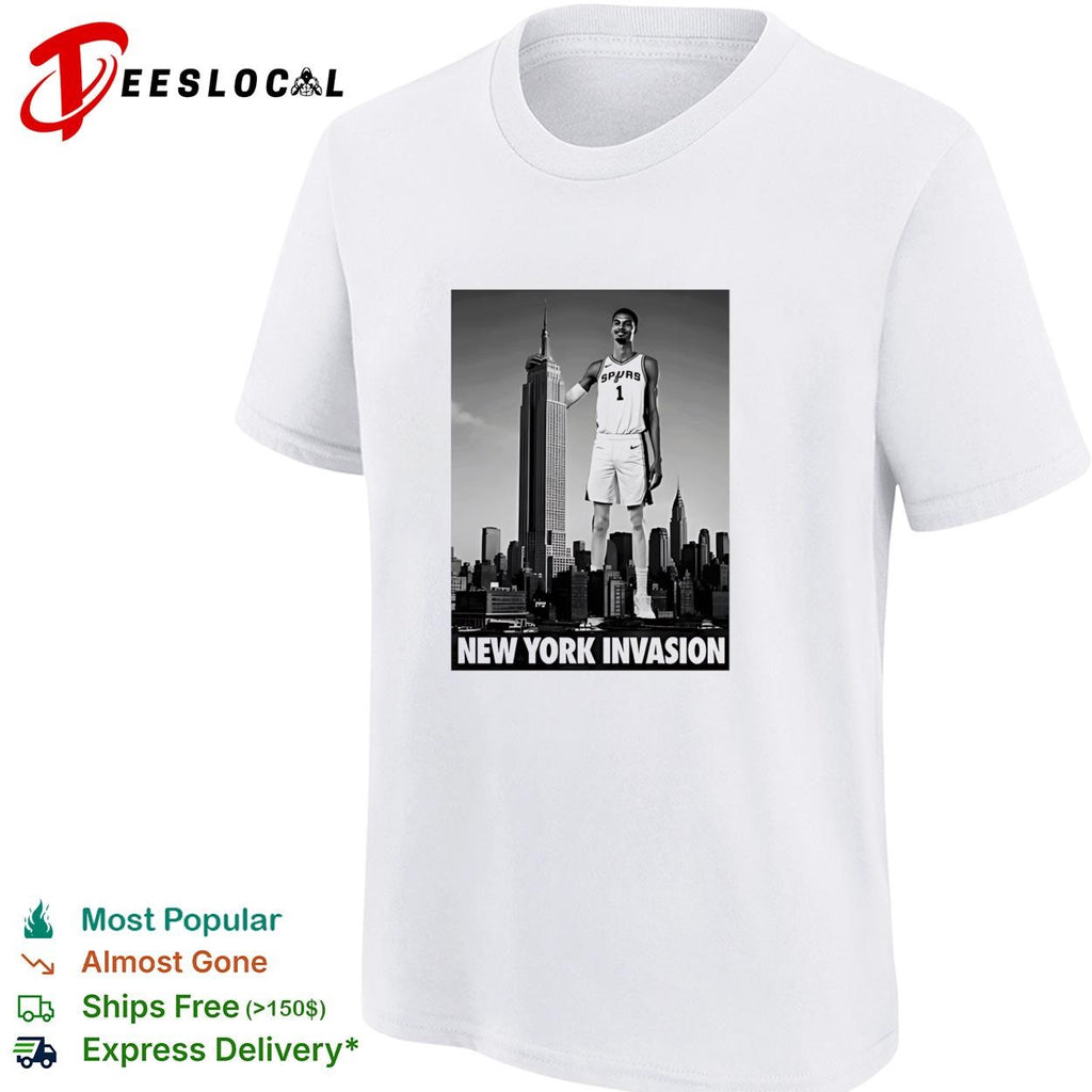 Victor Wemby standing with New York Invasion San Antonio Spurs shirt