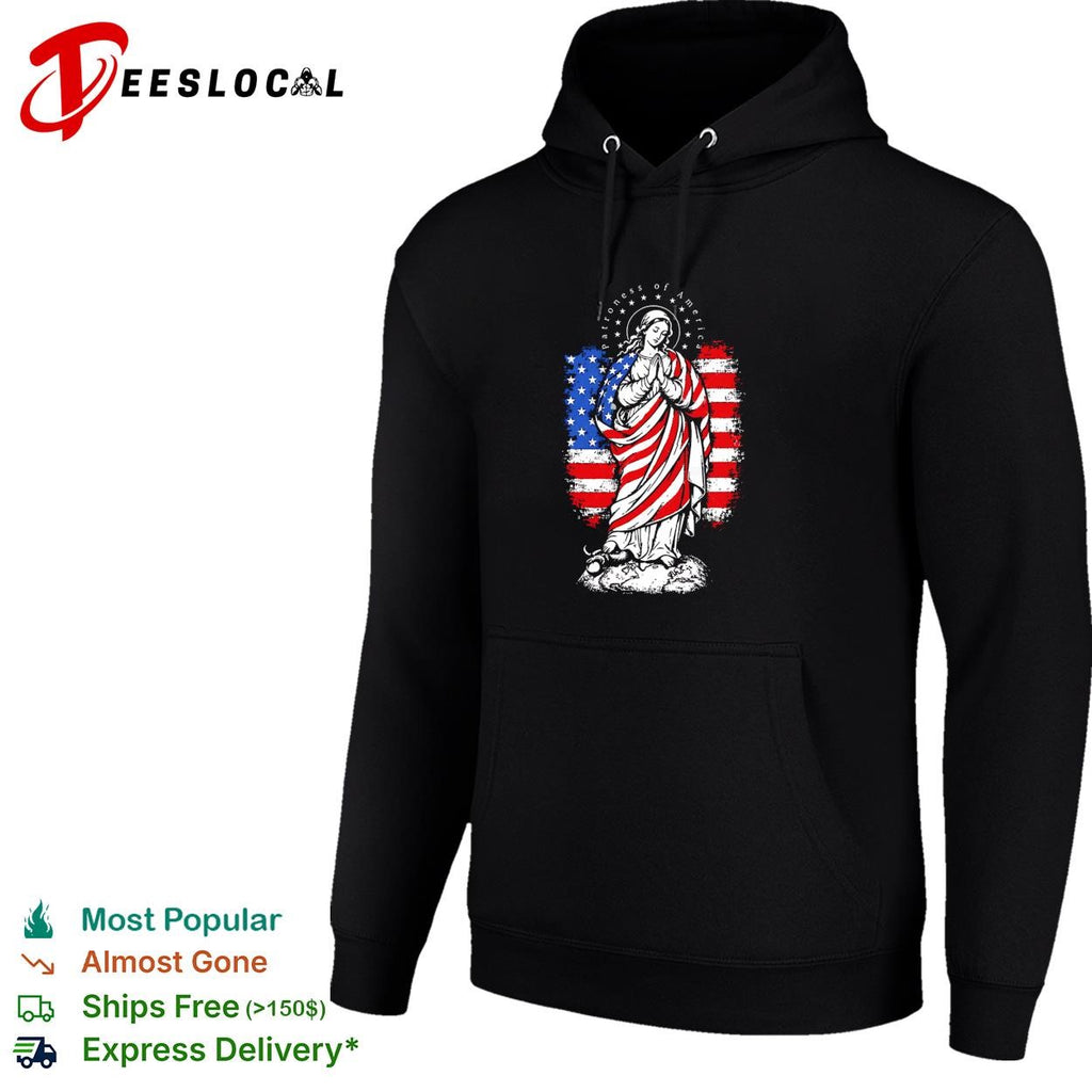 Virgin Mary praying wrapped in American flag patriotic religious graphic shirt