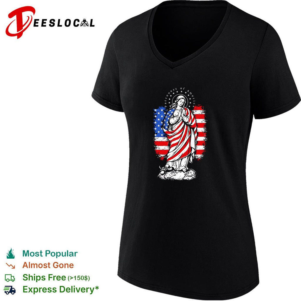 Virgin Mary praying wrapped in American flag patriotic religious graphic shirt