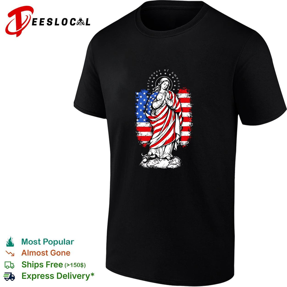 Virgin Mary praying wrapped in American flag patriotic religious graphic shirt