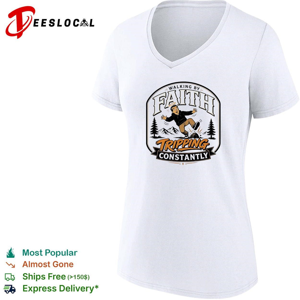 Walking by faith tripping constantly man falling over rock nature scene funny shirt