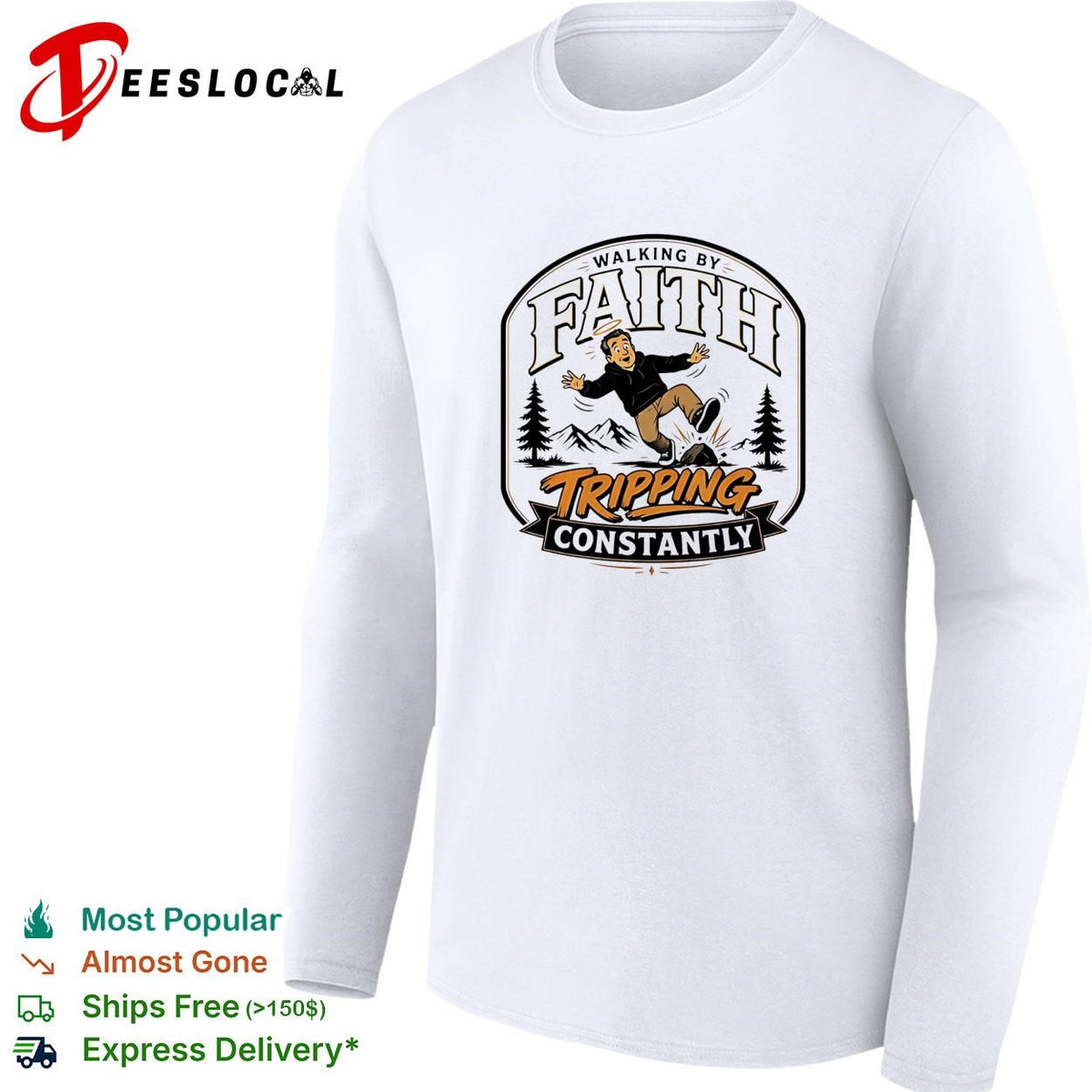 Walking by faith tripping constantly man falling over rock nature scene funny shirt