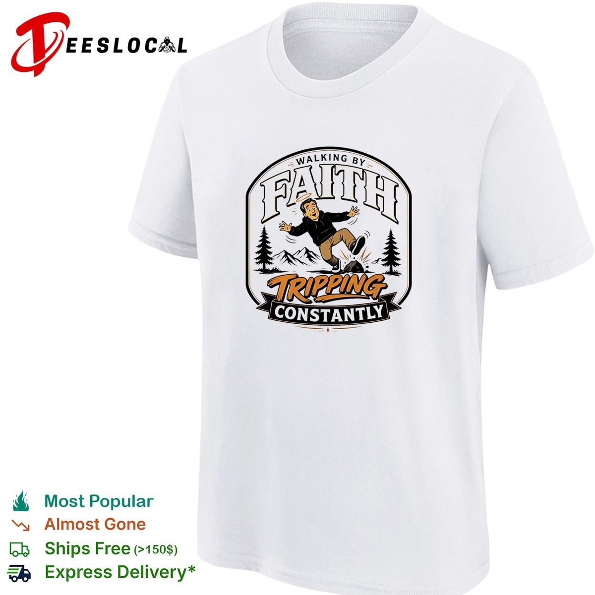 Walking by faith tripping constantly man falling over rock nature scene funny shirt