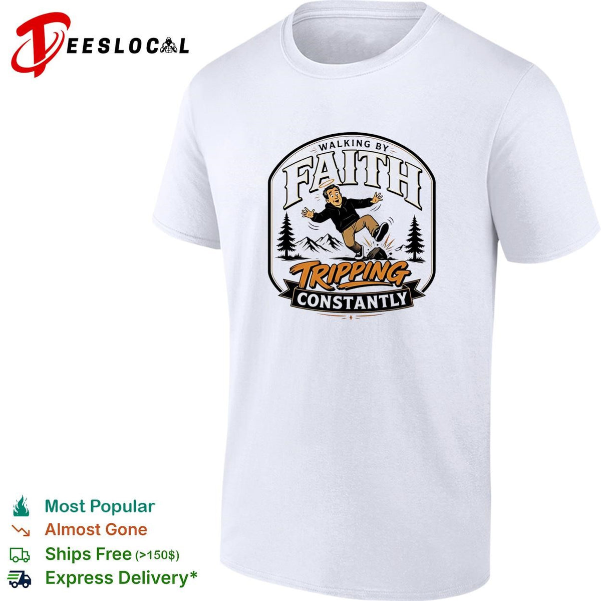 Walking by faith tripping constantly man falling over rock nature scene funny shirt