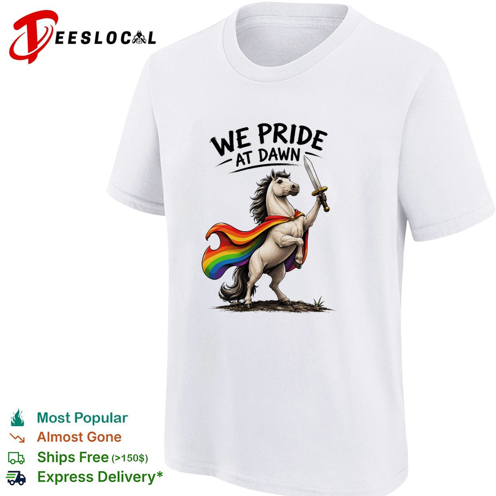 We pride at dawn unicorn rainbow cape sword LGBTQ pride art shirt