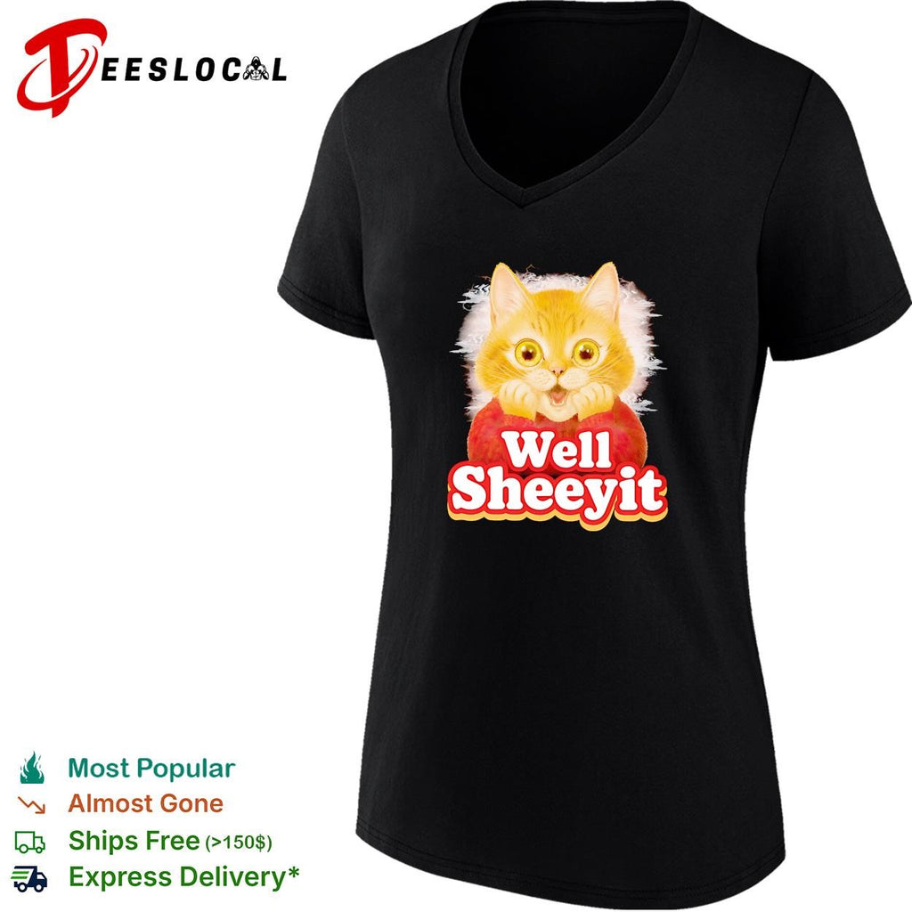 Well Sheeyit surprised orange cat sweater humor bold text shirt