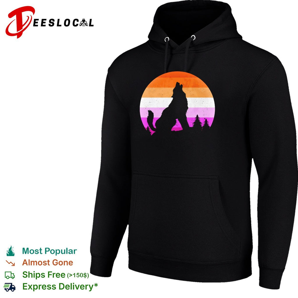 Wolf howling lesbian pride flag sunset retro silhouette shirt