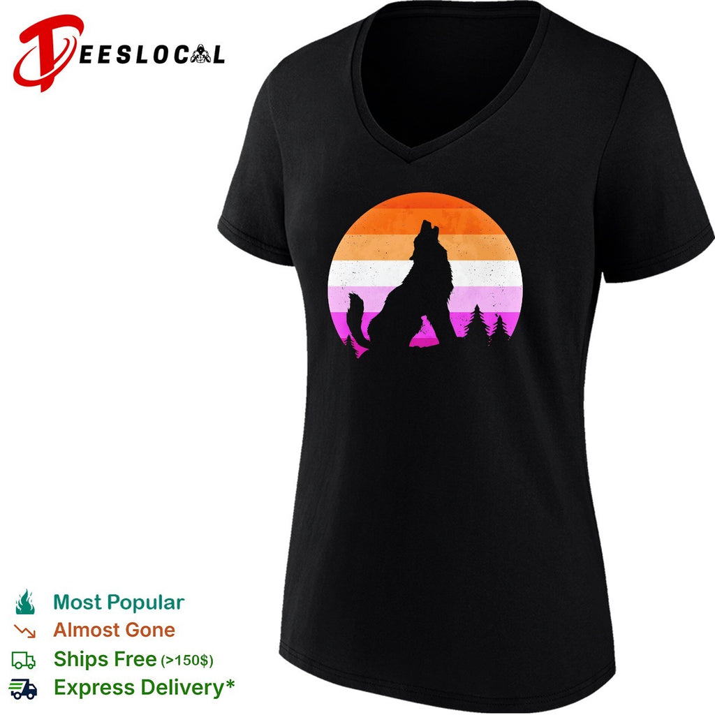 Wolf howling lesbian pride flag sunset retro silhouette shirt