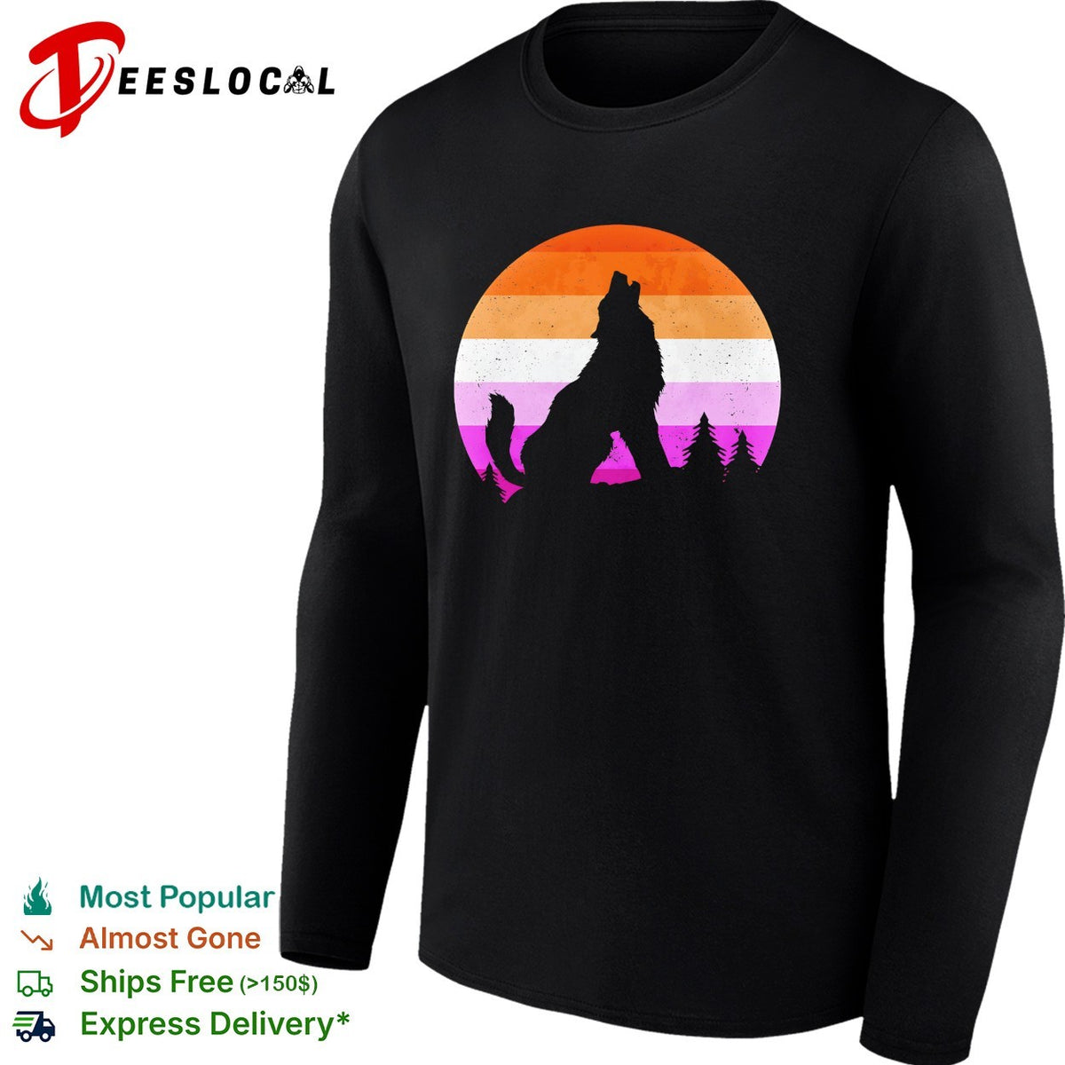 Wolf howling lesbian pride flag sunset retro silhouette shirt