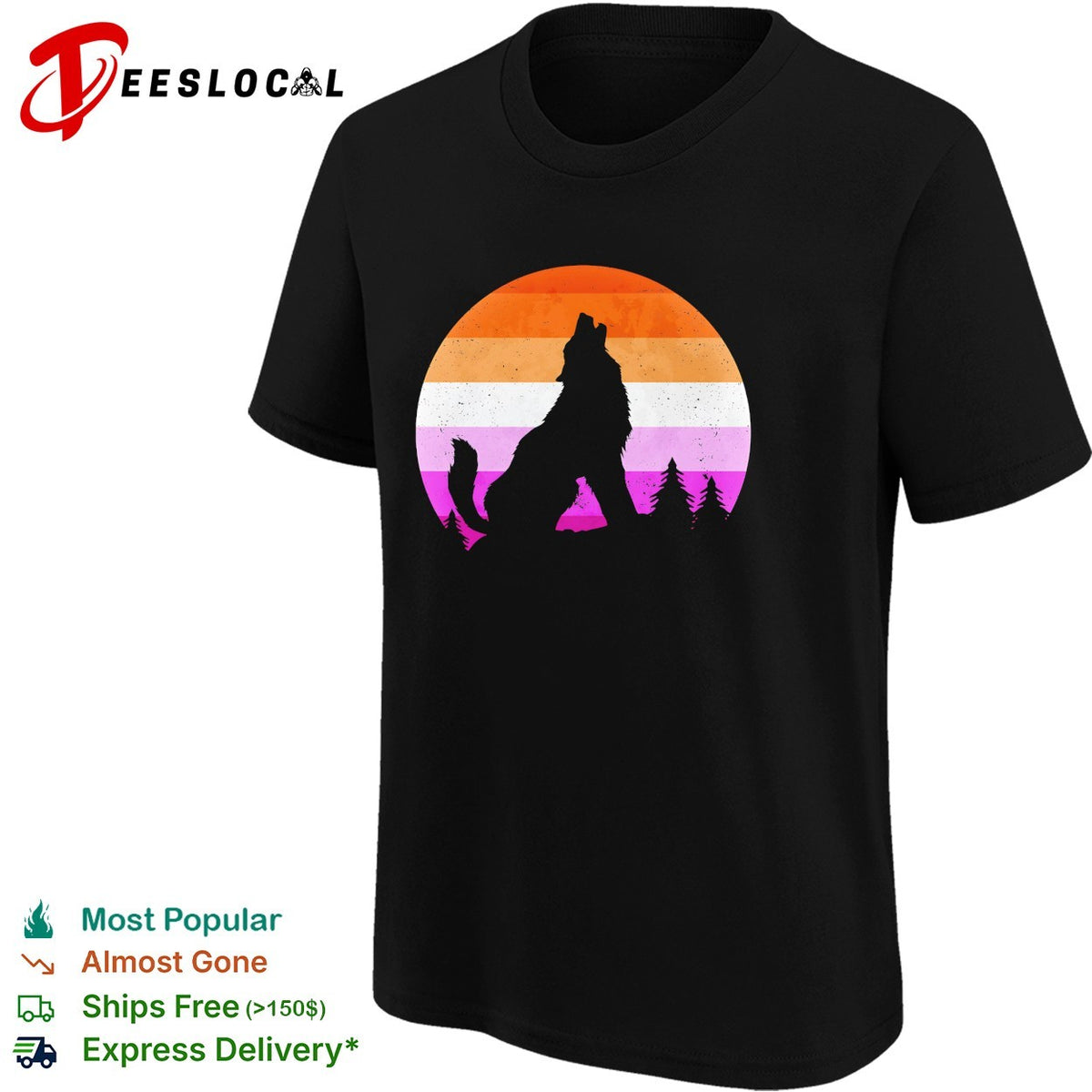 Wolf howling lesbian pride flag sunset retro silhouette shirt