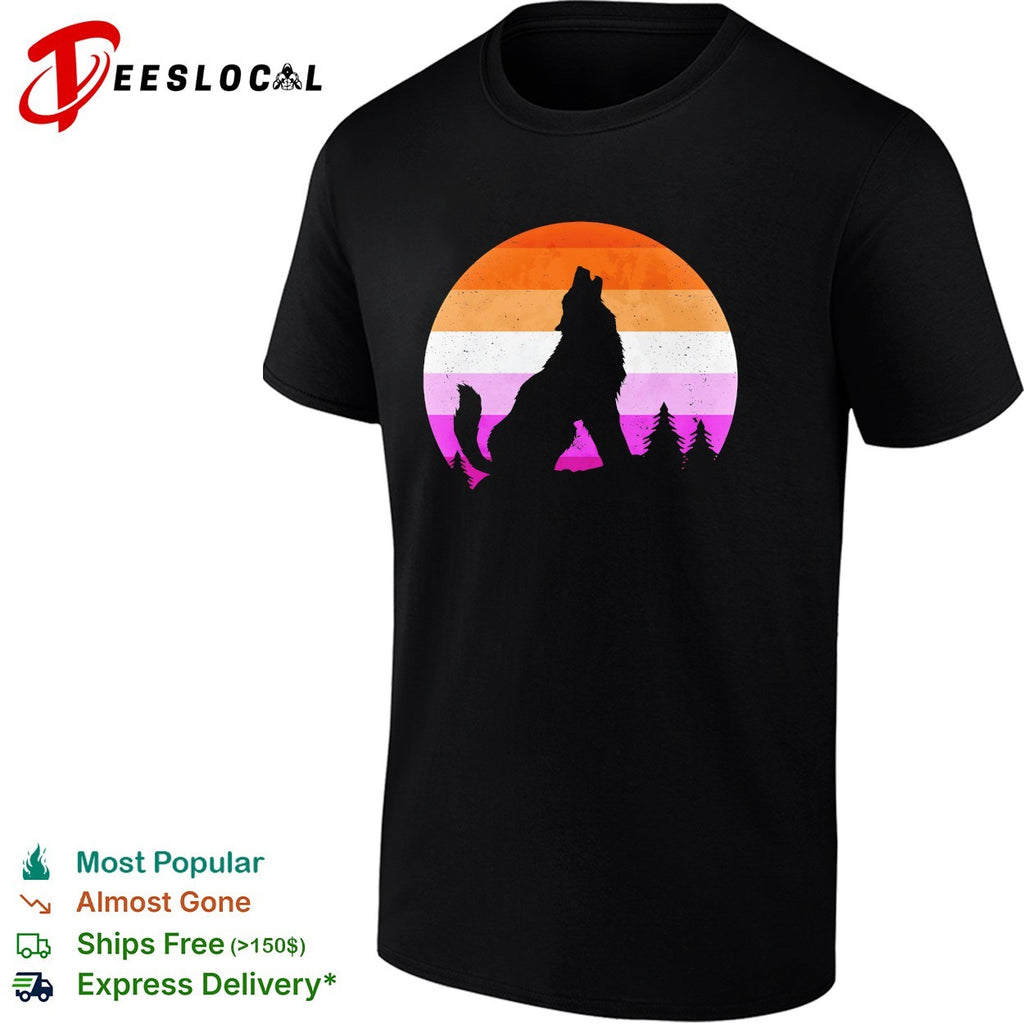 Wolf howling lesbian pride flag sunset retro silhouette shirt
