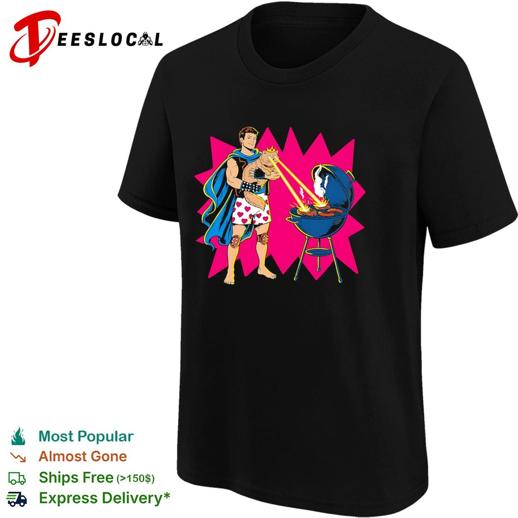 Woot superhero laser cat BBQ shirt