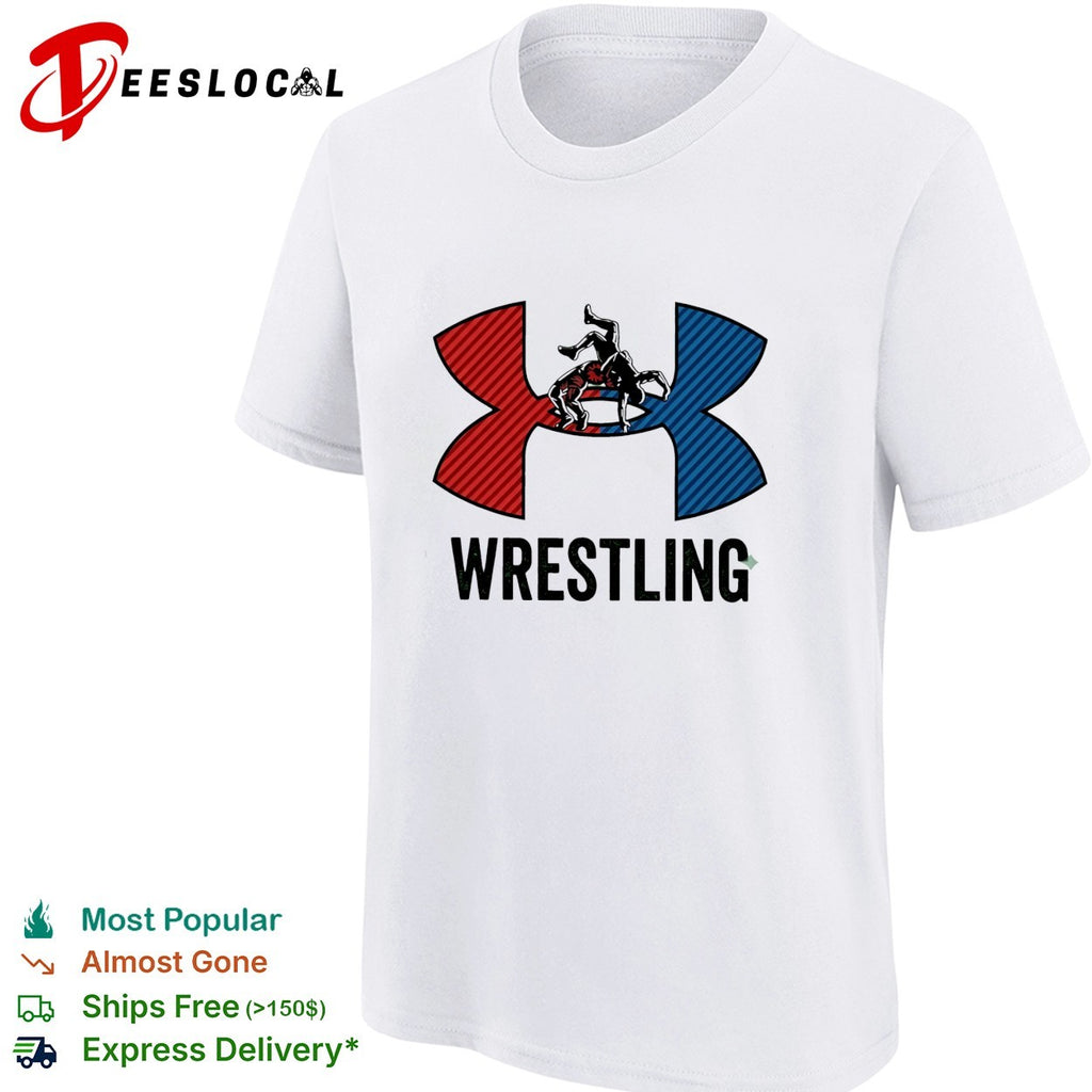 Wrestling red and blue wrestler silhouette icon bold lettering graphic shirt